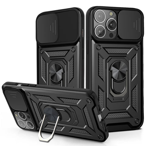Reiko Kickstand Ring Holder & Slide Camera Cover Magnetic Car Mount for Apple iPhone 13 Pro in Black | MaxStrata