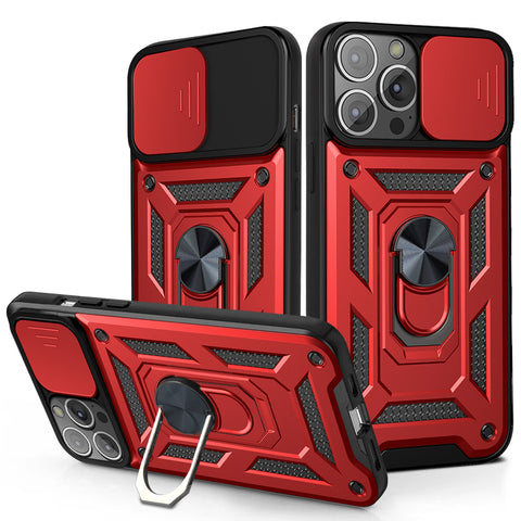 Reiko Kickstand Ring Holder with Slide Camera Cover TPU Magnetic Car Mount for Apple iPhone 13  Pro in Red | MaxStrata
