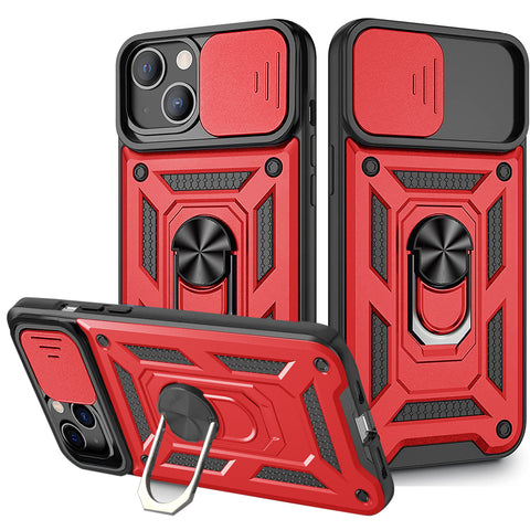 Reiko Kickstand Ring Holder with Slide Camera Cover TPU Magnetic Car Mount for Apple iPhone 13 in Red | MaxStrata