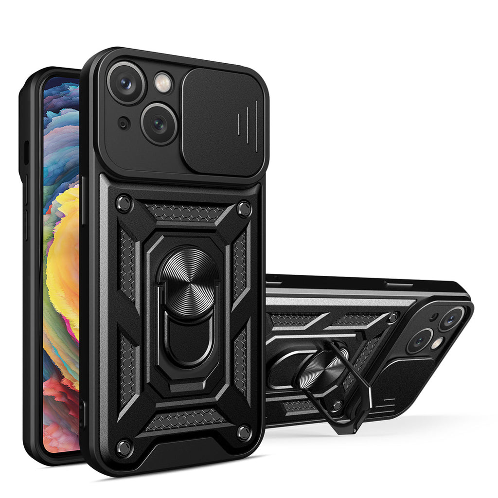 Reiko Kickstand Ring Holder with Slide Camera Cover TPU Magnetic Car Mount for Apple iPhone 14 Plus in Black