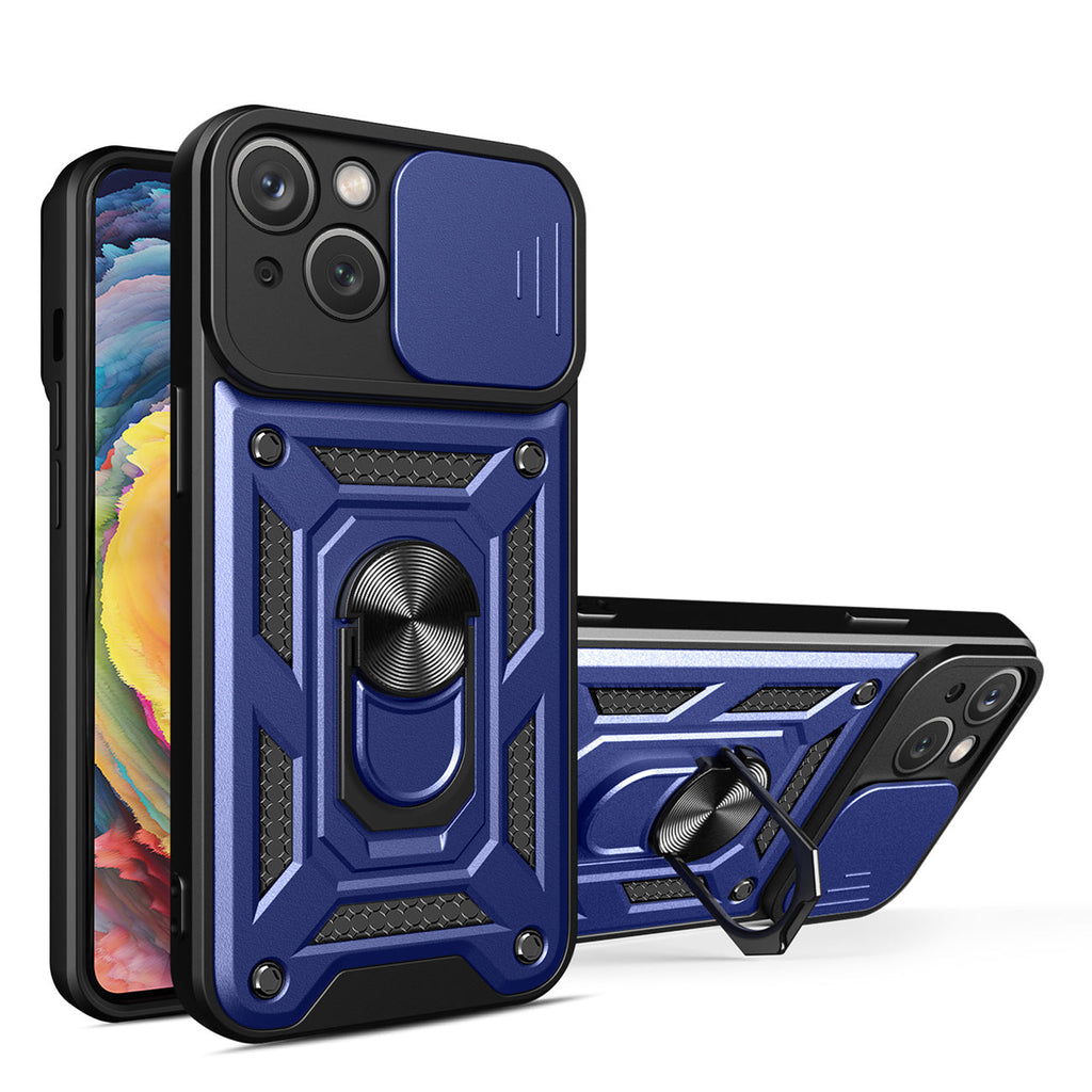 Reiko Kickstand Ring Holder with Slide Camera Cover TPU Magnetic Car Mount for Apple iPhone 14 Plus in Blue
