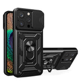 Reiko Kickstand Ring Holder with Slide Camera Cover TPU Magnetic Car Mount for Apple iPhone 14 Pro Max in Black