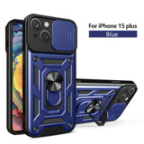 Reiko Kickstand Ring Holder with Slide Camera Cover TPU Magnetic Car Mount for Apple iPhone 15 Plus in Blue | MaxStrata