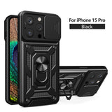 Reiko Kickstand Ring Holder with Slide Camera Cover TPU Magnetic Car Mount for Apple iPhone 15 Pro in Black | MaxStrata