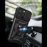 Reiko Kickstand Ring Holder with Slide Camera Cover TPU Magnetic Car Mount for Apple iPhone 15 Pro in Black | MaxStrata