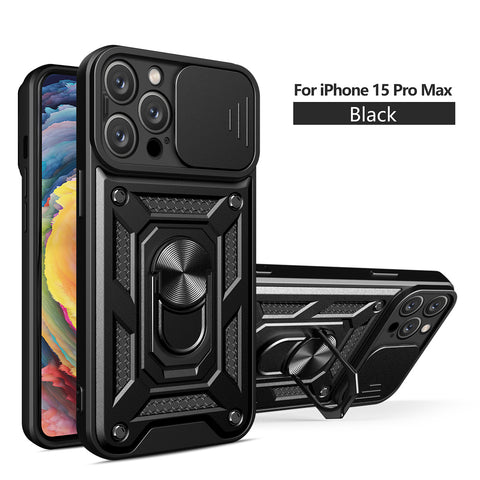 Reiko Kickstand Ring Holder with Slide Camera Cover TPU Magnetic Car Mount for Apple iPhone 15 Pro Max in Black | MaxStrata