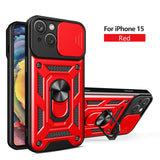Reiko Kickstand Ring Holder with Slide Camera Cover TPU Magnetic Car Mount for Apple iPhone 15 in Red | MaxStrata