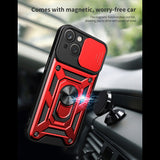 Reiko Kickstand Ring Holder with Slide Camera Cover TPU Magnetic Car Mount for Apple iPhone 15 in Red | MaxStrata