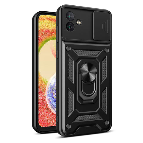 Reiko Kickstand Ring Holder with Slide Camera Cover TPU Magnetic Car Mount for Galaxy A04 in Black | MaxStrata