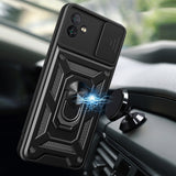 Reiko Kickstand Ring Holder with Slide Camera Cover TPU Magnetic Car Mount for Galaxy A04 in Black | MaxStrata