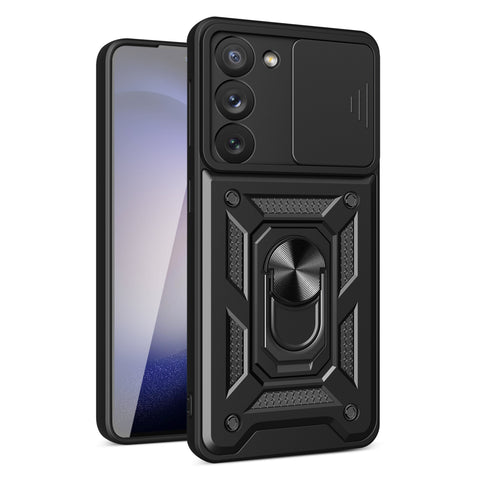 Reiko Kickstand Ring Holder with Slide Camera Cover TPU Magnetic Car Mount for Galaxy S23  Plus in Black | MaxStrata