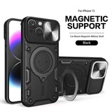 Reiko TPU PC Shockproof Magnetic Phone Case with Free Adjustment Ring Holder for iPhone 15 in Black