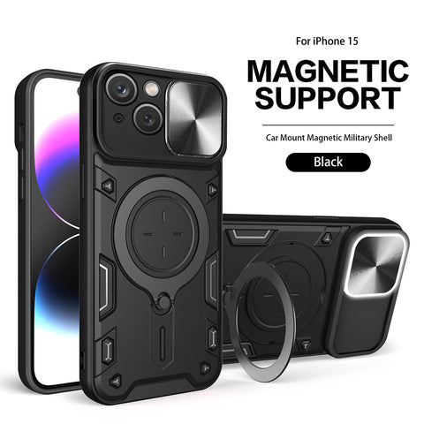 Reiko TPU PC Shockproof Magnetic Phone Case with Free Adjustment Ring Holder for iPhone 15 in Black