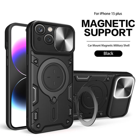 Reiko TPU PC Shockproof Magnetic Phone Case with Free Adjustment Ring Holder for iPhone 15 Plus in Black