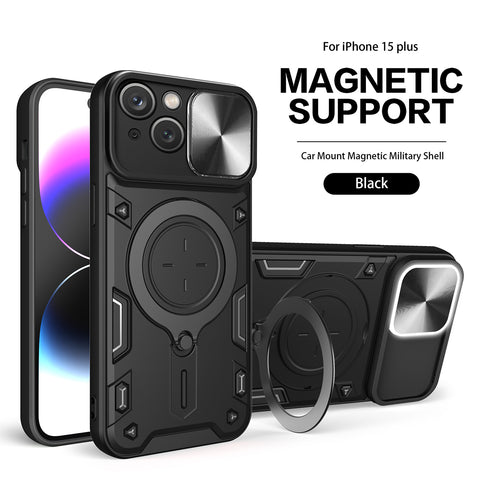 Reiko TPU PC Shockproof Magnetic Phone Case with Free Adjustment Ring Holder for iPhone 15 Plus in Black | MaxStrata