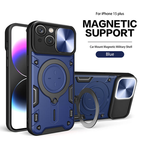 Reiko TPU PC Shockproof Magnetic Phone Case with Free Adjustment Ring Holder for iPhone 15 Plus in Blue