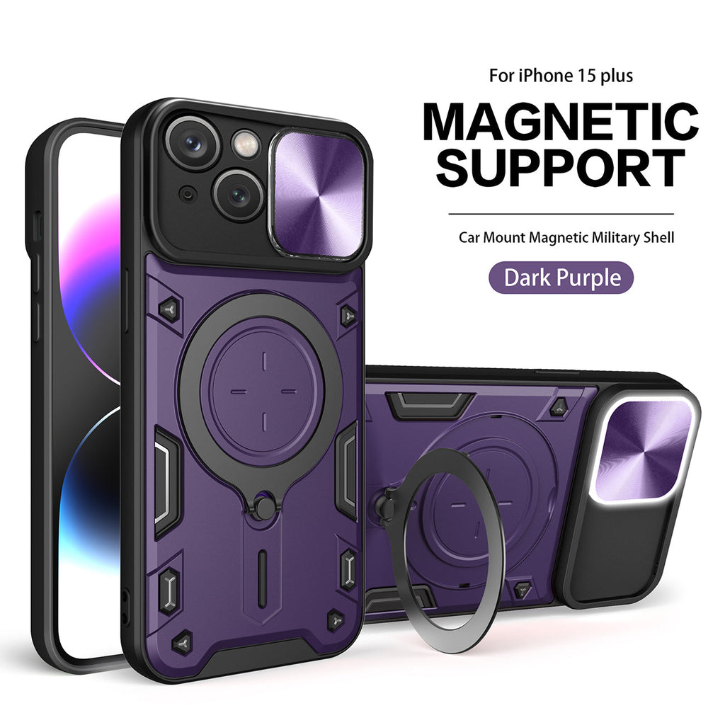 Reiko TPU PC Shockproof Magnetic Phone Case with Free Adjustment Ring Holder for iPhone 15 Plus in Purple