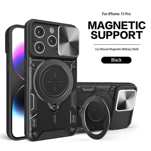 Reiko TPU PC Shockproof Magnetic Phone Case with Free Adjustment Ring Holder for iPhone 15 Pro in Black