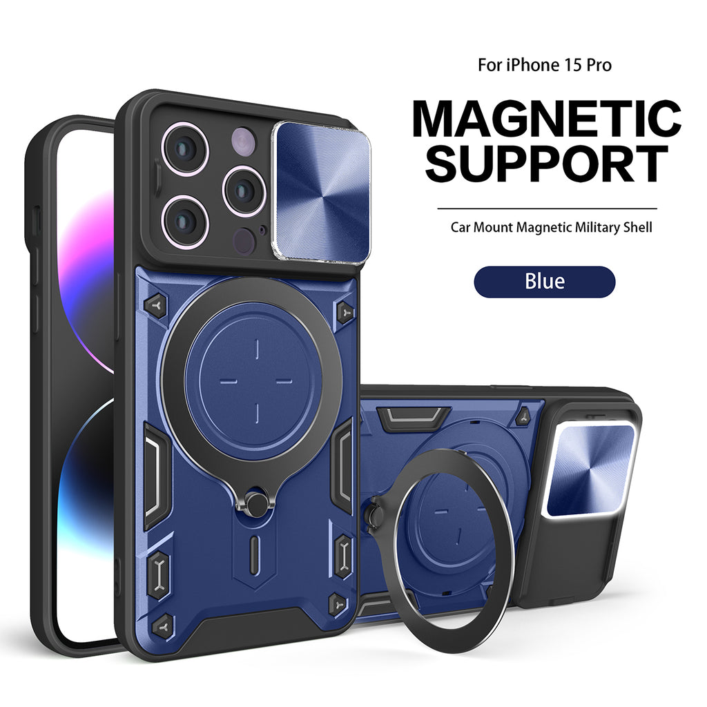 Reiko TPU PC Shockproof Magnetic Phone Case with Free Adjustment Ring Holder for iPhone 15 Pro in Blue | MaxStrata