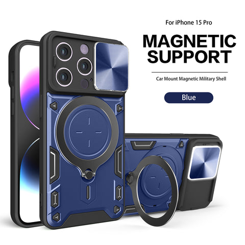 Reiko TPU PC Shockproof Magnetic Phone Case with Free Adjustment Ring Holder for iPhone 15 Pro in Blue | MaxStrata