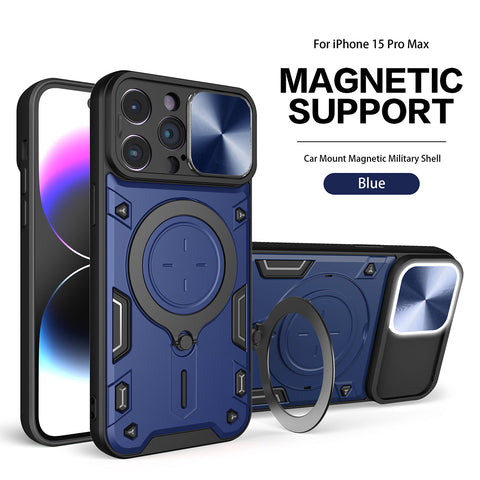 Reiko TPU PC Shockproof Magnetic Phone Case with Free Adjustment Ring Holder for iPhone 15 Pro Max in Blue