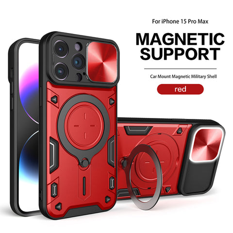 Reiko TPU PC Shockproof Magnetic Phone Case with Free Adjustment Ring Holder for iPhone 15 Pro Max in Red