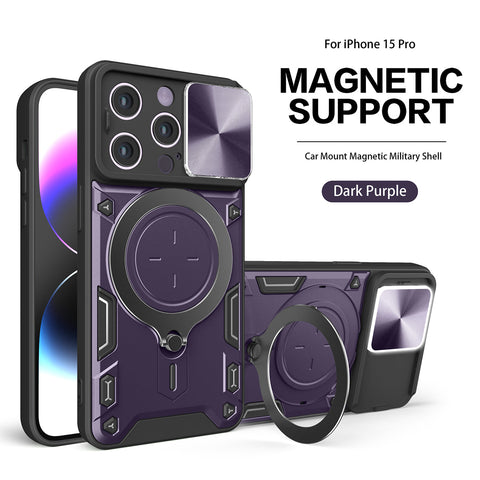 Reiko TPU PC Shockproof Magnetic Phone Case with Free Adjustment Ring Holder for iPhone 15 Pro in Purple
