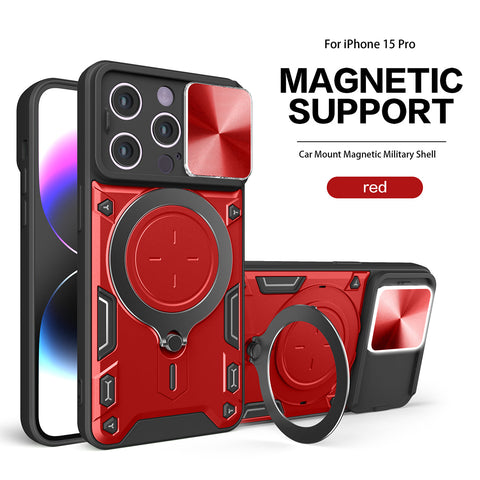Reiko TPU PC Shockproof Magnetic Phone Case with Free Adjustment Ring Holder for iPhone 15 Pro in Red
