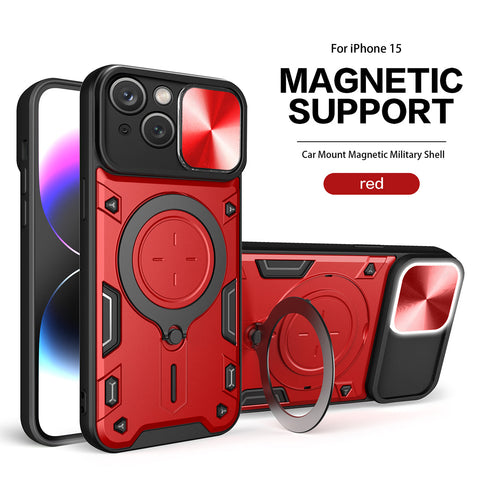 Reiko TPU PC Shockproof Magnetic Phone Case with Free Adjustment Ring Holder for iPhone 15 in Red