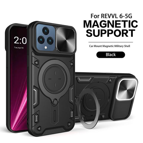 Reiko TPU PC Shockproof Magnetic Phone Case with Free Adjustment Ring Holder for REVVL 6 5G in Black