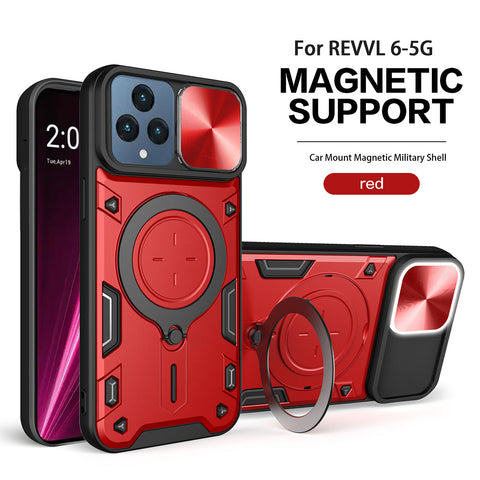 Reiko TPU PC Shockproof Magnetic Phone Case with Free Adjustment Ring Holder for REVVL 6 5G in Red