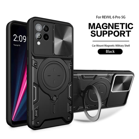 Reiko TPU PC Shockproof Magnetic Phone Case with Free Adjustment Ring Holder for REVVL 6 Pro 5G in Black | MaxStrata