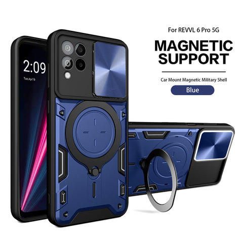Reiko TPU PC Shockproof Magnetic Phone Case with Free Adjustment Ring Holder for REVVL 6 Pro 5G in Blue