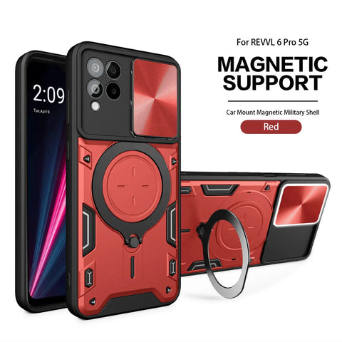 Reiko TPU PC Shockproof Magnetic Phone Case with Free Adjustment Ring Holder for REVVL 6 Pro 5G in Red