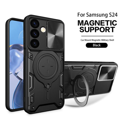 Reiko TPU PC Shockproof Magnetic Phone Case with Free Adjustment Ring Holder for Samsung Galaxy S24 in Black | MaxStrata