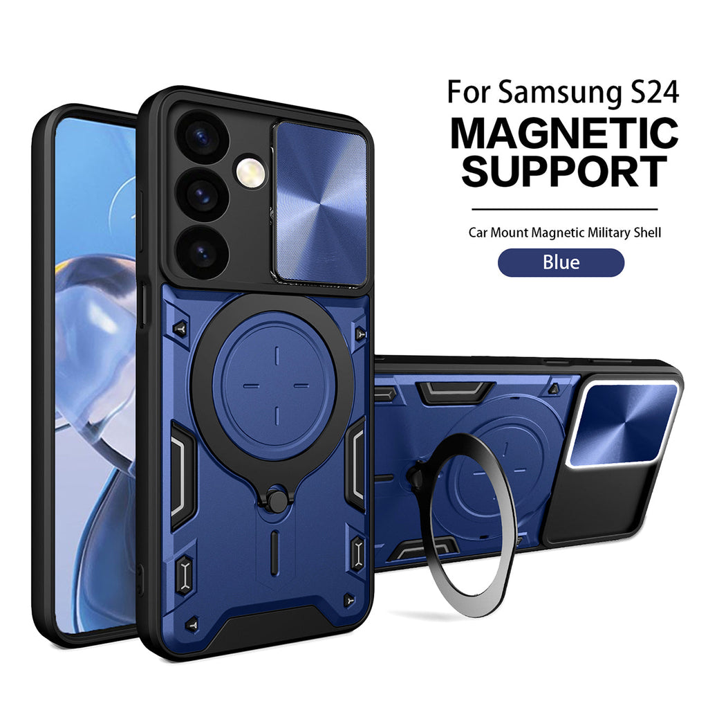 Reiko TPU PC Shockproof Magnetic Phone Case with Free Adjustment Ring Holder for Samsung Galaxy S24 in Blue