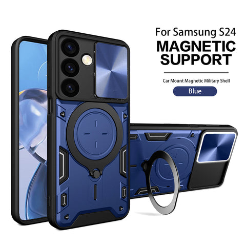 Reiko TPU PC Shockproof Magnetic Phone Case with Free Adjustment Ring Holder for Samsung Galaxy S24 in Blue