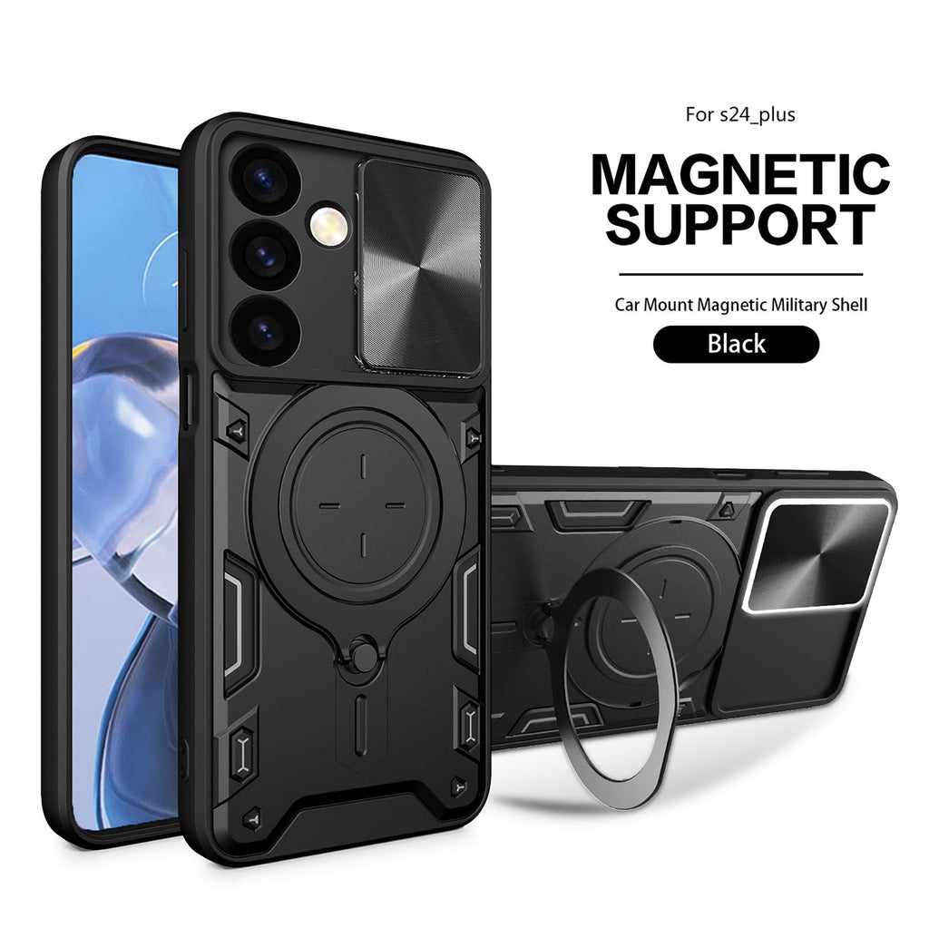 Reiko TPU PC Shockproof Magnetic Phone Case with Free Adjustment Ring Holder  for Samsung Galaxy S24 Plus in Black
