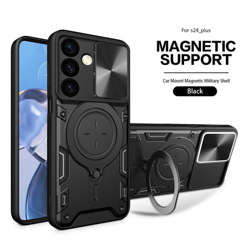 Reiko TPU PC Shockproof Magnetic Phone Case with Free Adjustment Ring Holder  for Samsung Galaxy S24 Plus in Black