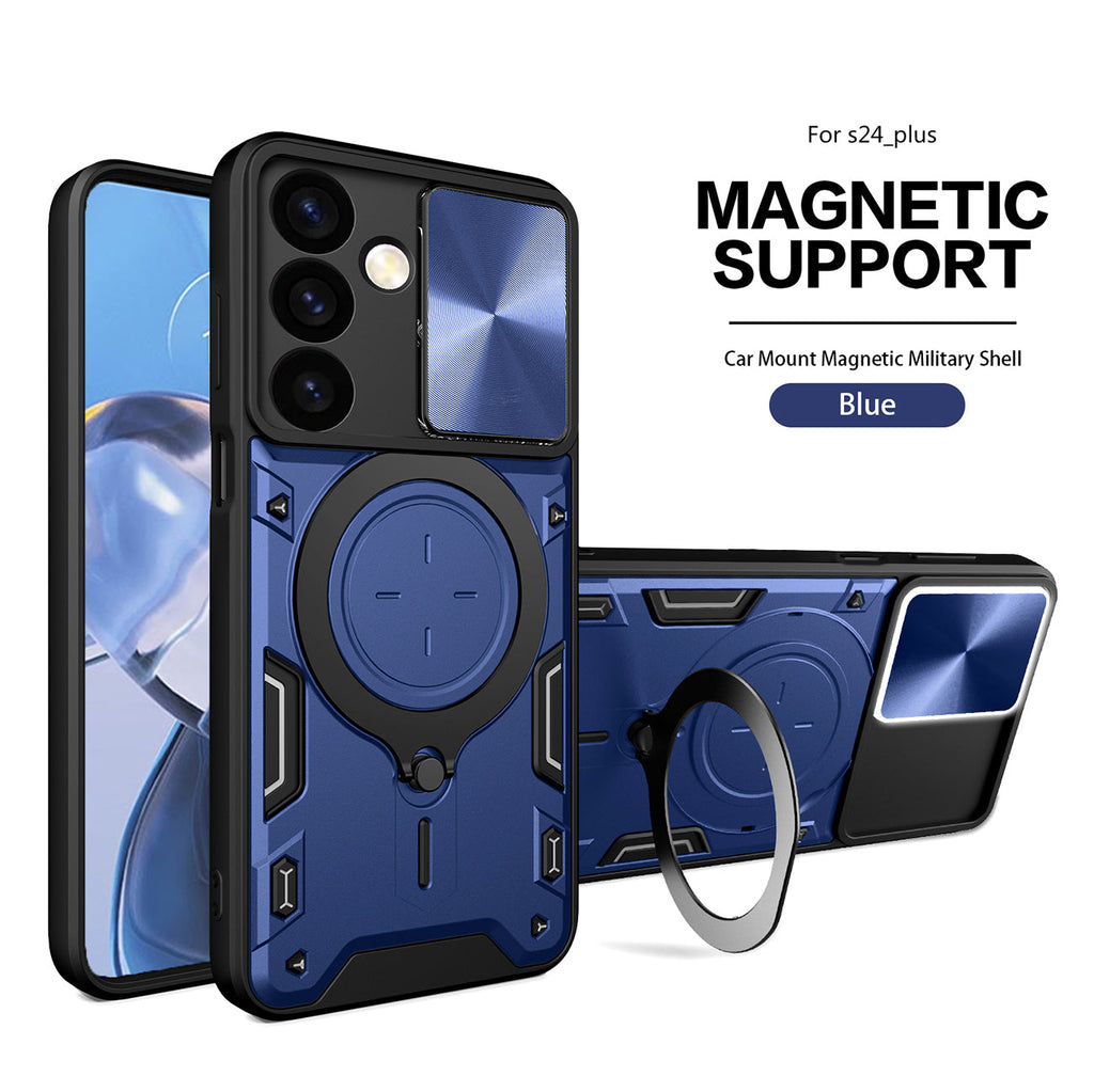 Reiko TPU PC Shockproof Magnetic Phone Case with Free Adjustment Ring Holder for Samsung Galaxy S24 Plus in Blue