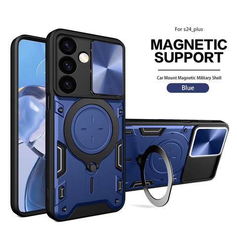 Reiko TPU PC Shockproof Magnetic Phone Case with Free Adjustment Ring Holder for Samsung Galaxy S24 Plus in Blue