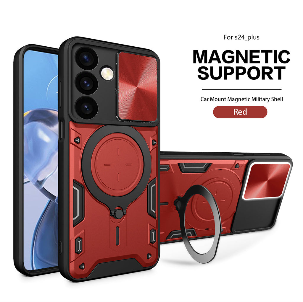 Reiko TPU PC Shockproof Magnetic Phone Case with Free Adjustment Ring Holder for Samsung Galaxy S24 Plus in Red