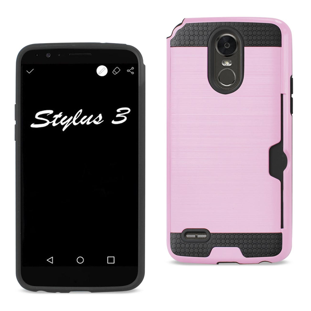 Reiko LG Stylo 3/ Stylus 3 Slim Armor Hybrid Case with Card Holder in Pink | MaxStrata