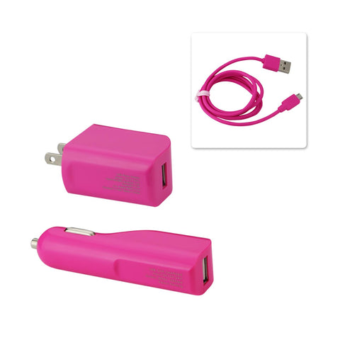 Reiko Micro 1 AMP 3-in-1 Car Charger Wall Adapter with USB Cable in Hot Pink | MaxStrata