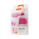 Reiko Micro 1 AMP 3-in-1 Car Charger Wall Adapter with USB Cable in Hot Pink | MaxStrata