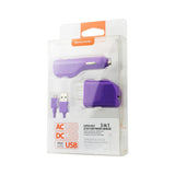 Reiko Micro 1 AMP 3-in-1 Car Charger Wall Adapter with USB Cable in Purple | MaxStrata