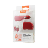 Reiko Micro 1 AMP 3-in-1 Car Charger Wall Adapter with USB Cable in Red | MaxStrata