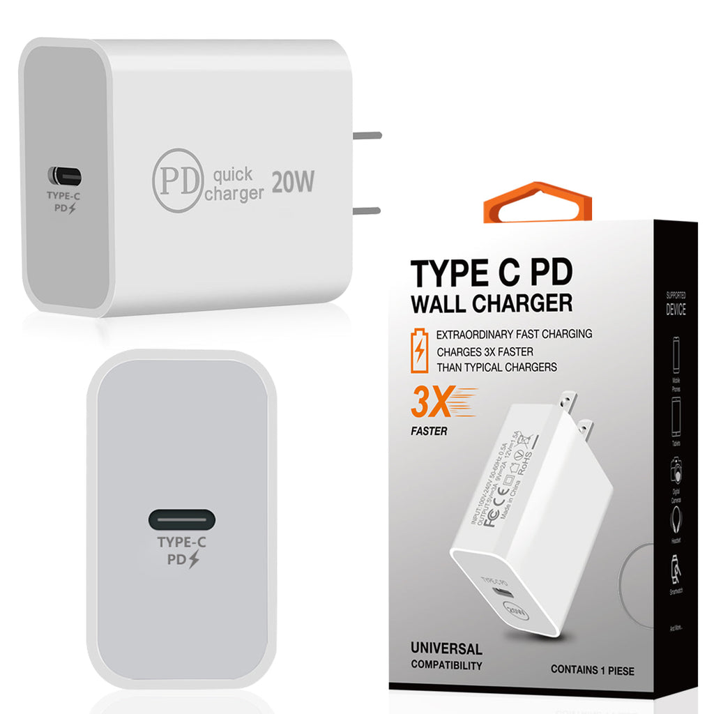 Reiko 20W Power Delivery Travel Wall Charger Adapter with Type-C Port in White