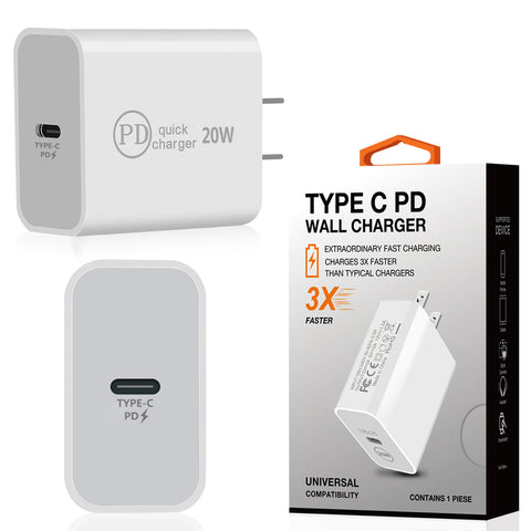 Reiko 20W Power Delivery Travel Wall Charger Adapter with Type-C Port in White
