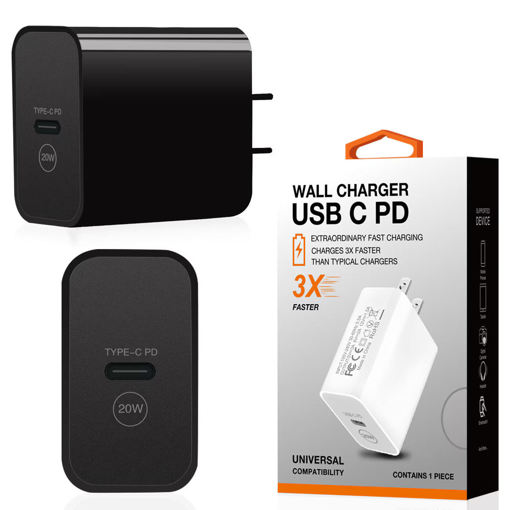 Reiko 20W Power Delivery Travel Wall Charger Adapter with Type-C Port in Black